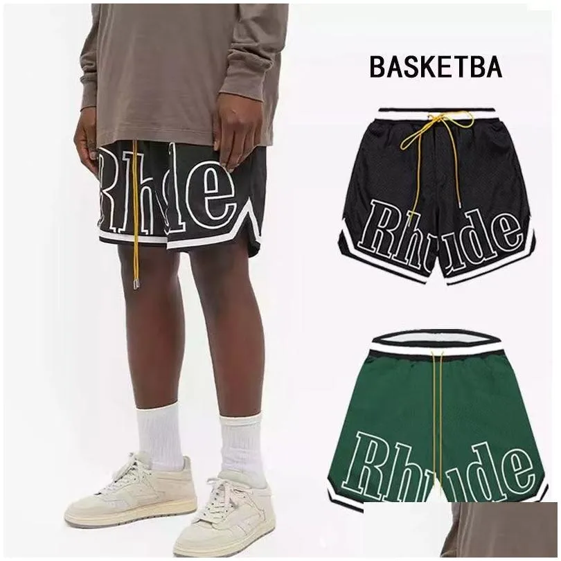 rhude mens mesh shorts fashion men women casual reflective skateboard hip hop beach rhude pocket high quality white border short asian