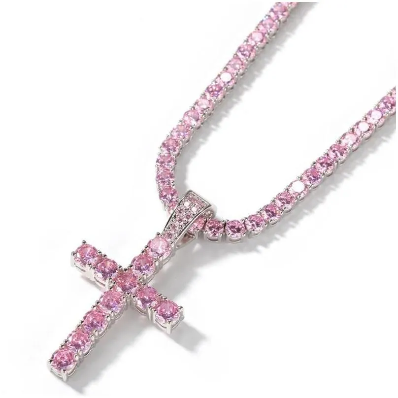 pink cubic zirconia cross pendant necklace with 4mm cz tennis chain fashion hiphop jewelry drop necklaces