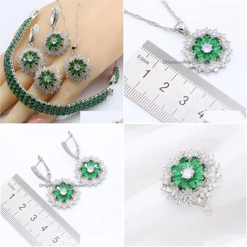 925 silver jewelry sets for women green emerald necklace pendant bracelets earrings rings gift box