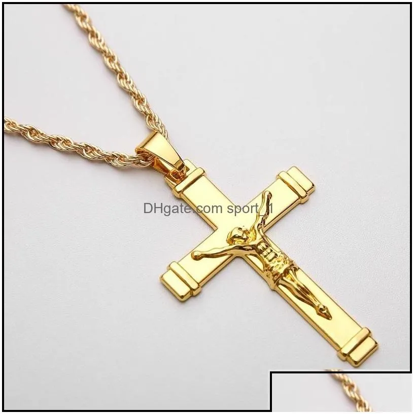 pendant necklaces 24k gold plated jesus christ cross necklace hip hop rap golden crucifixio cuban chain men jewelry 2245 drop delive