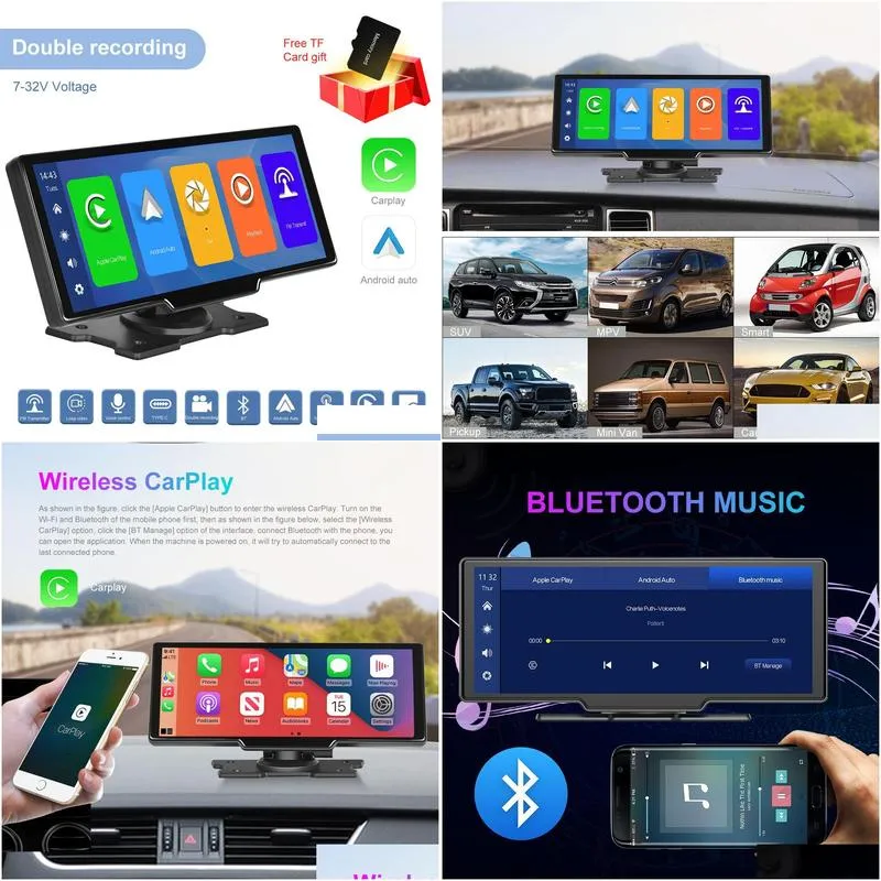 portable hd 9.3 inch car video auto monitor 64gb dvr wireless carplay navigation screen touch control display androidauto front and rearview camera for all