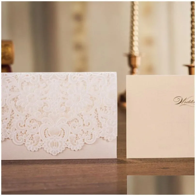 Wholesale-1pcs Gold Red White Laser Cut Wedding Invitations Samples Elegant Lace Party Decorations Cards JJ628