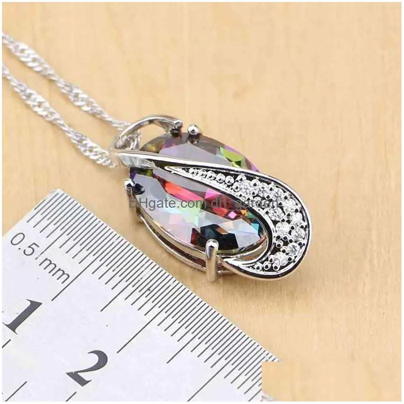 natural mystic rainbow cubic zirconia 925 silver jewelry set for women wedding earrings/pendant/necklace/rings