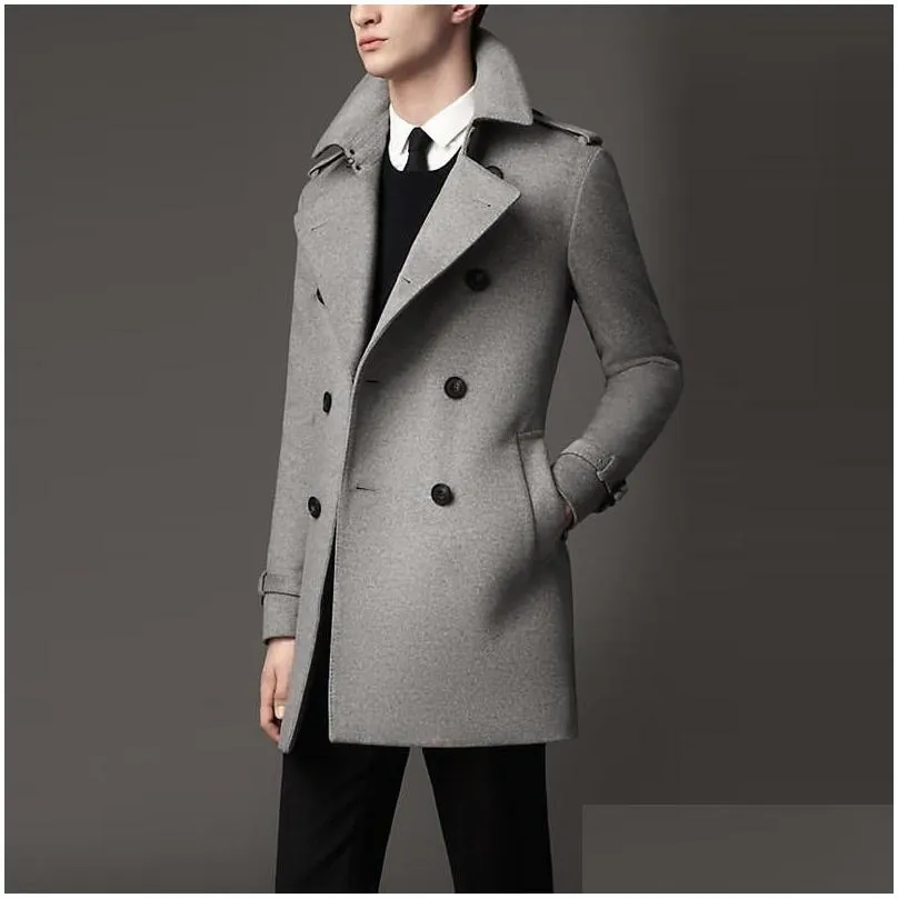 Men`s Wool & Blends Mens Fashion Double Breasted Mid Long Trench Coat Business Man Belted Slim Fit Woolen Military Windbreaker