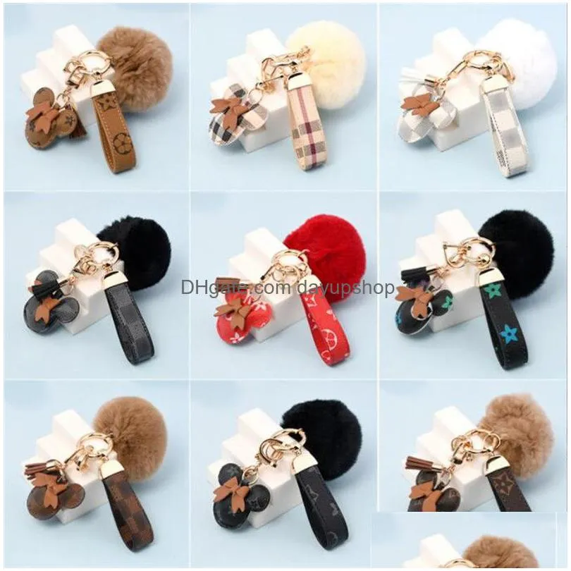designer keychain bear mouse head leather fur ball pendant key chain bow car pendant metal fashion personality creative cute