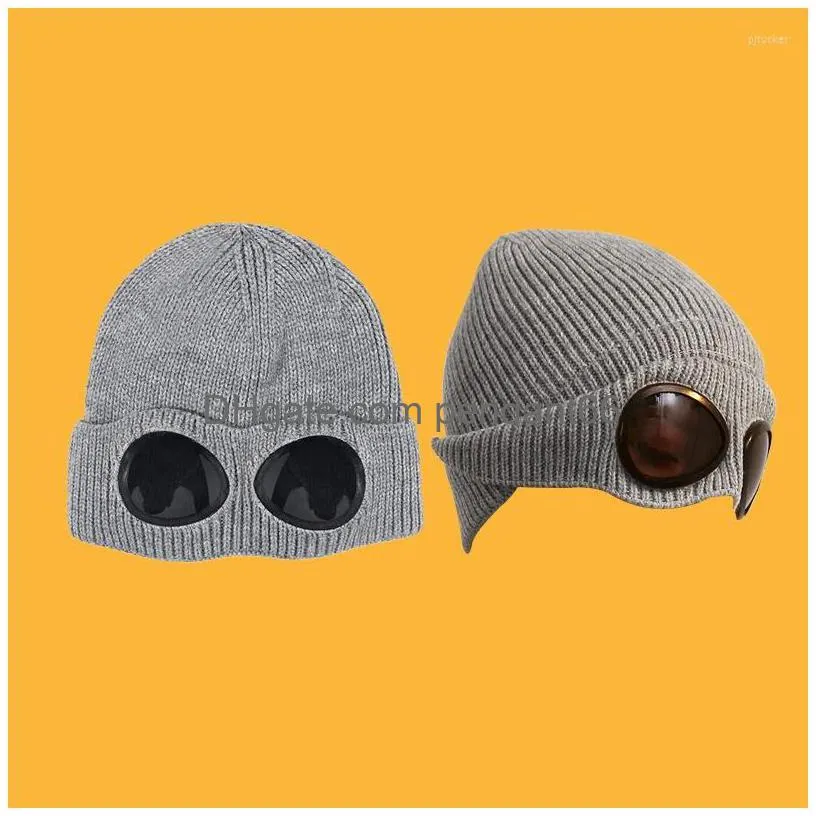 beanies 2022 winter glasses hat cp ribbed knit lens beanie street hip hop knitted thick fleece warm for women men