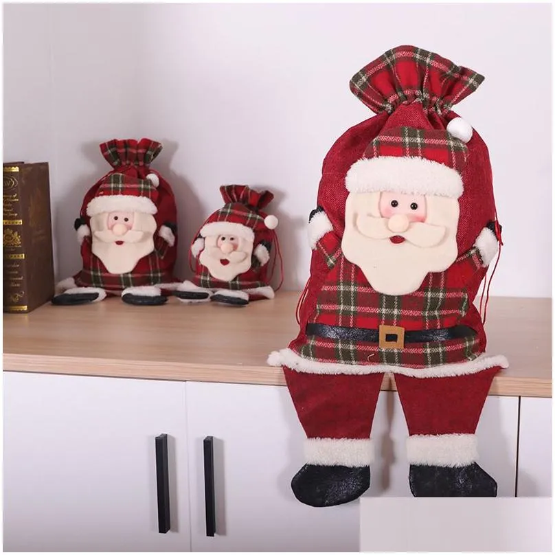 Christmas decoration Santa gift bag Red plaid Christmas drawstring gift bag Candy bags Christmas Decorations Party Supplies