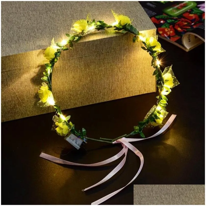 LED Decorative Flowers Wreath Wedding Dress Hair Garland Bridal Bridesmaid Floral Crown Hawaii Seaside Holiday Decor Accessories