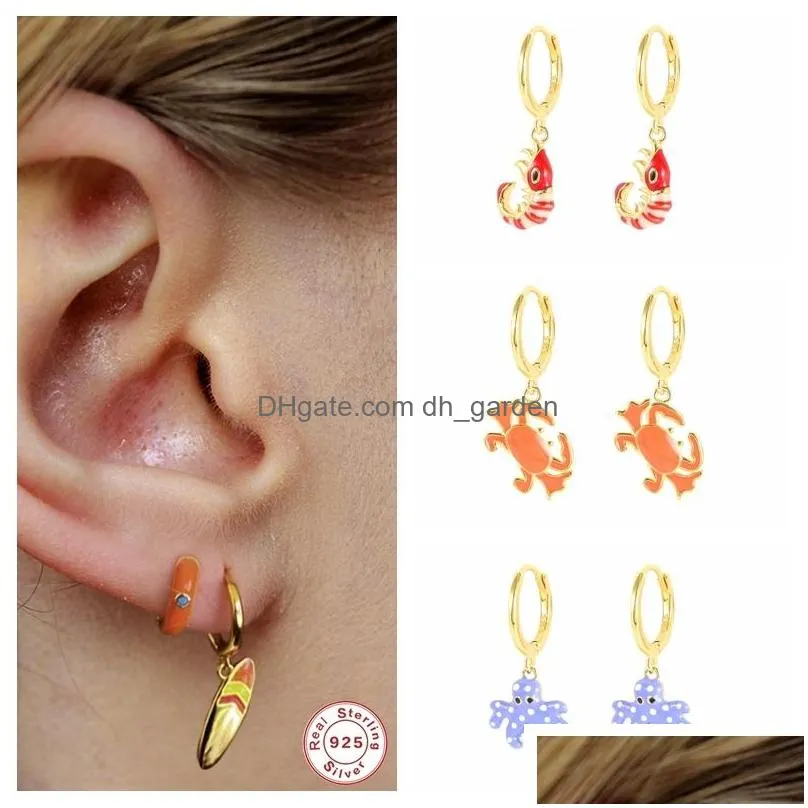 canner women`s earring 925 sterling silver korean ins enamel umbrella octopus shrimp crab aros kiwi hoop earrings summer jewerly