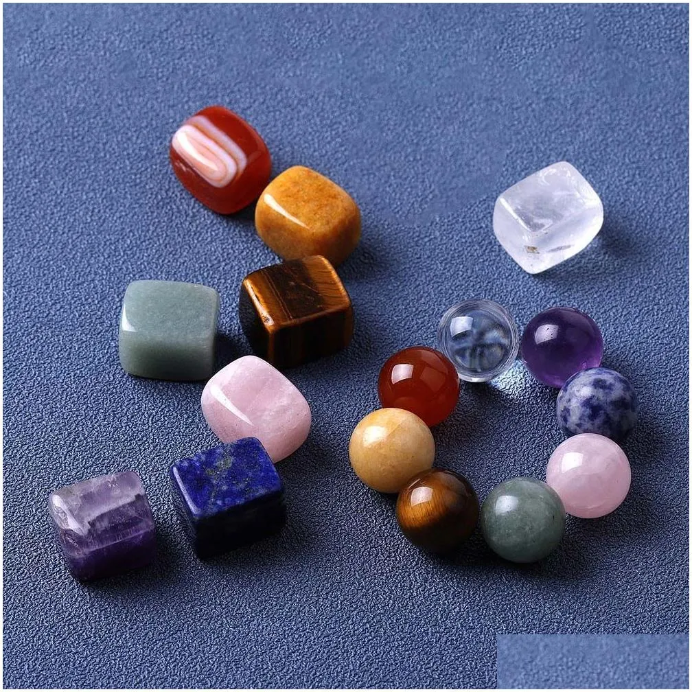 Square Round 7 Chakra Yoga Polished Energy Natural Stone Set Tiger Eye Agate Amethyst Crystals Healing Gravel Rough Stones Arts Crafts Home