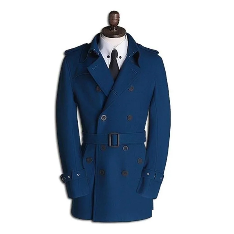 Men`s Wool & Blends Mens Fashion Double Breasted Mid Long Trench Coat Business Man Belted Slim Fit Woolen Military Windbreaker