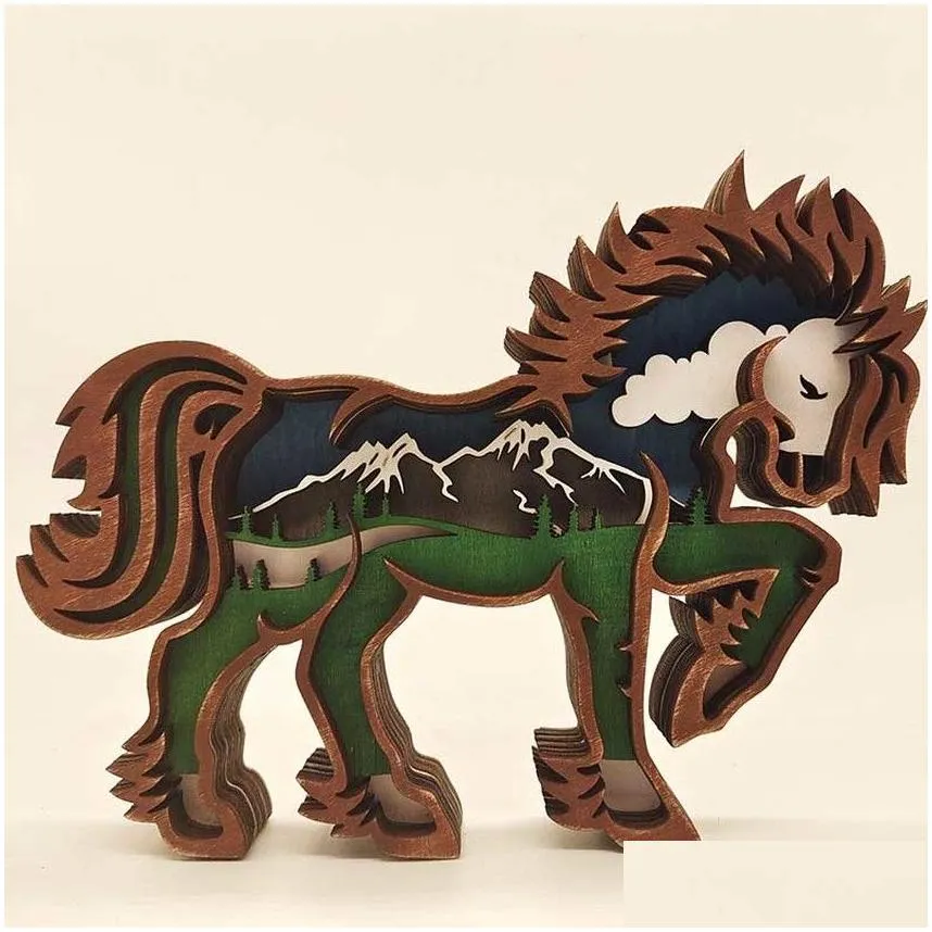 3D Horse Craft Laser Cut Wood Material Home Decor Gift Art Crafts Wild Forest Animal Table Decoration Horse Statues Ornaments Room