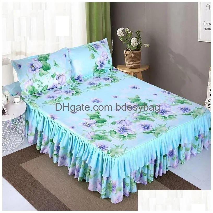 bed skirt 1pc + 2pcs pillowcase bedding set sanding soft bedspread king queen size double layer