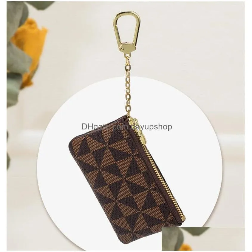 coin pouches keychains car key chains rings holder pu leather zipper bag black triangle plaid brown flower pendant design keyrings fashion accessories 7