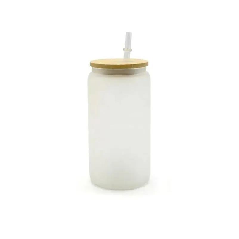 sublimation 16oz water bottles with bamboo lid reusable straw beer can transparent frosted glass tumbler soda can cup