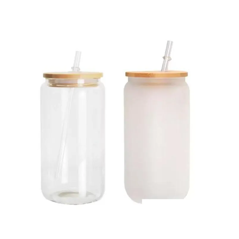 sublimation 16oz water bottles with bamboo lid reusable straw beer can transparent frosted glass tumbler soda can cup