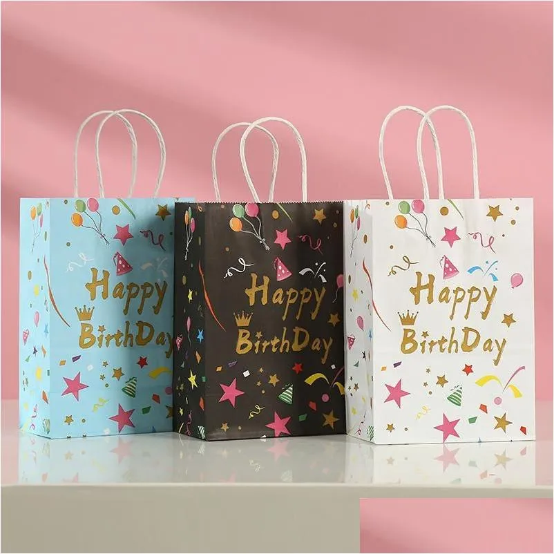 Gift Wrap Birthday Party Packaging 20pc/set Bags Kraft Paper With Handle Cartoon Happy Decorations Kids