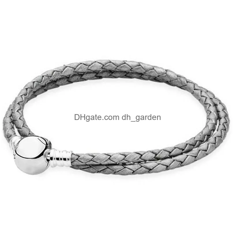 original genuine leather ball circular clasp snake chain bracelet fit fashion 925 sterling silver bangle bead charm diy jewelry