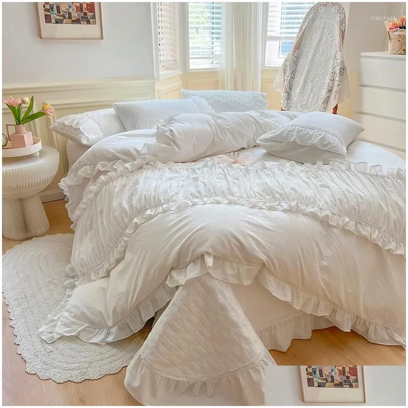 Bedding Sets Washed Cotton Duvet Cover Set Queen Korean Plain Double King Size Quilted Bedspread Lace Bow Soft 4pcs For Girl