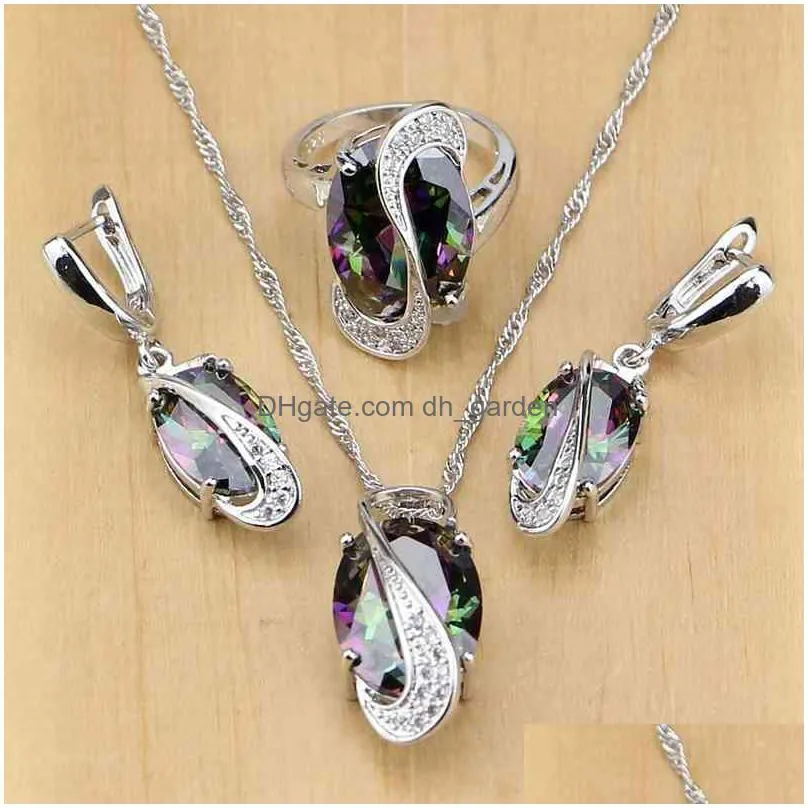 natural mystic rainbow cubic zirconia 925 silver jewelry set for women wedding earrings/pendant/necklace/rings
