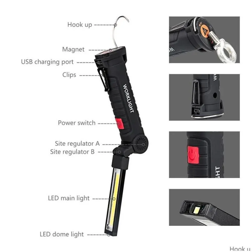 portable 5 mode cob flashlight torch usb rechargeable led work light magnetic cob lanterna hanging hook lamp for outdoor camping