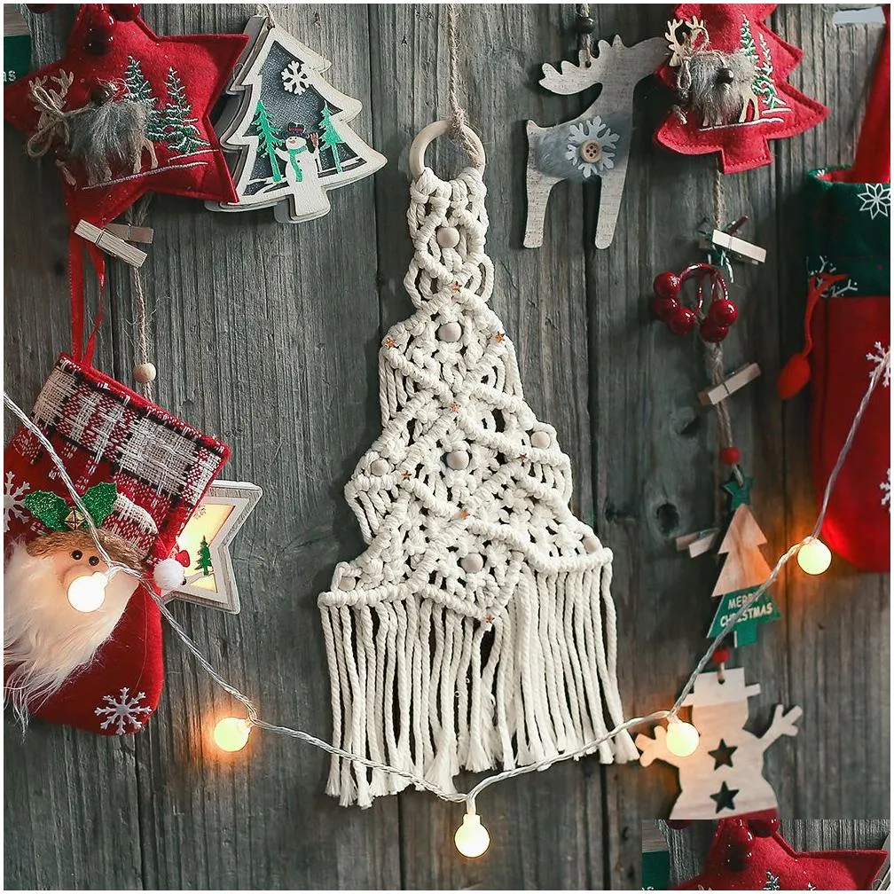 Tassel Christmas Tree Tapestry Pendant Macrame Hand Knitted Wall Hanging Pendant Hanging Woven Tapestry Home Decor