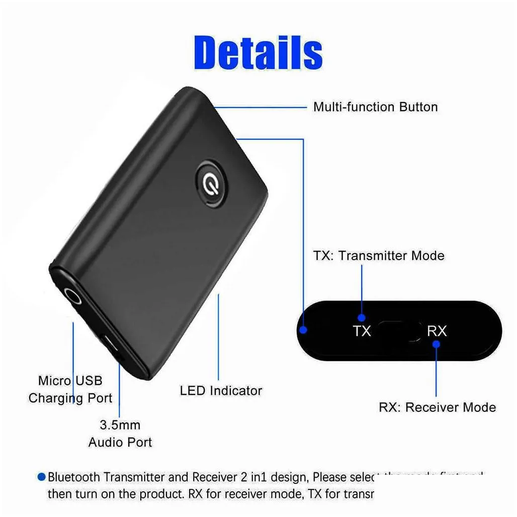 2-In-1 Bluetooth Compatible Wireless Head 5.0 Computer TV Repeater 3.5mm Car Speaker AUX Hifi Music Adapter