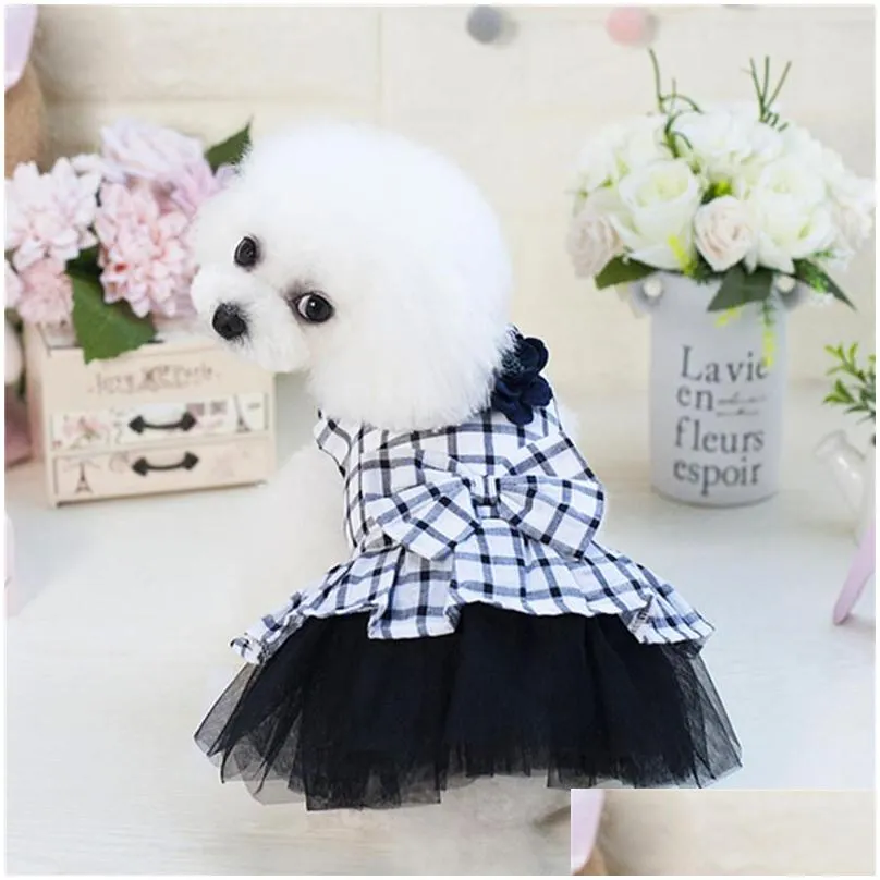 Pet Plaid princess dress Pet Dog bow Shirt Tops Summer Teddy Pet Dog Clothes Dogs Apparel drop ship