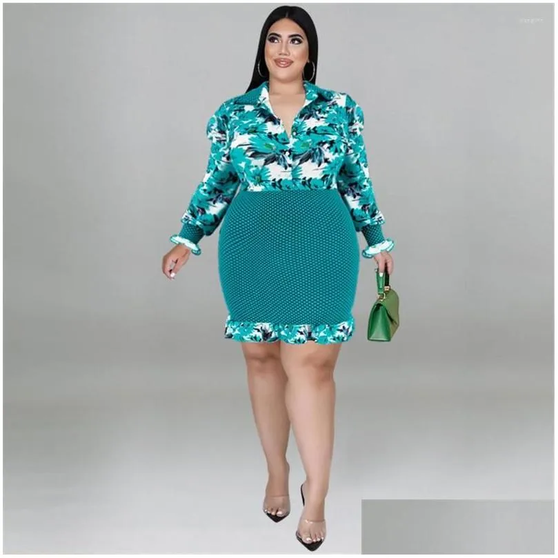 plus size dresses dress women sweet floralwork button ruffles hem fashion outwear midi wholesale 3xl 4xl 5xl 6xl