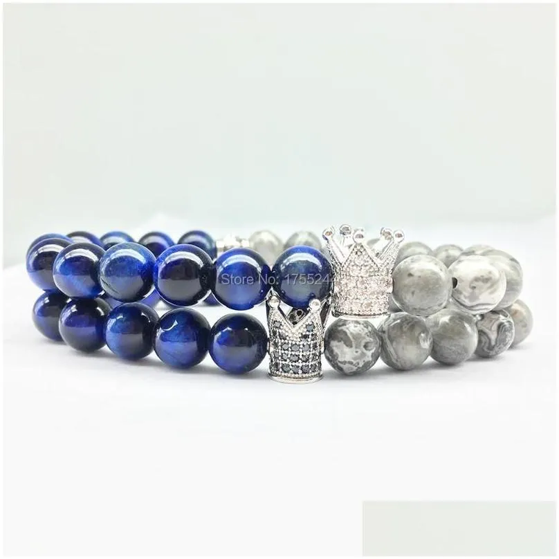 Beaded, Strands CZ0030 On Sale Zircon King Crown Bracelet Natural Dark Blue Tiger Eye Energy Men`s Balance