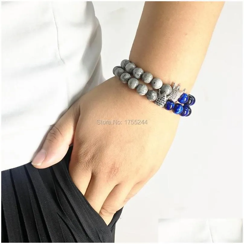 Beaded, Strands CZ0030 On Sale Zircon King Crown Bracelet Natural Dark Blue Tiger Eye Energy Men`s Balance