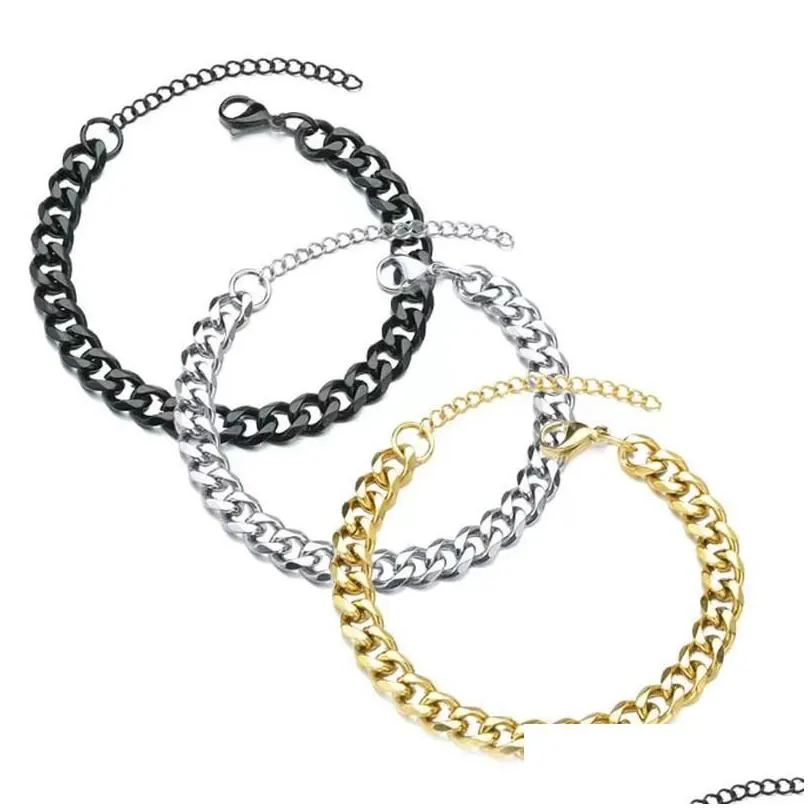 Charm Bracelets Punk Men Bracelet Gold Plated 5MM Cuban Hand Chains Hiphop Stainless Steel 7MM  Curb Chain Jewelry Link