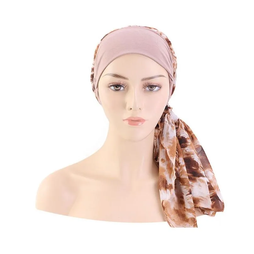 fashion Women Muslim Stretch Turban Chemo Hat Headwear Long Head Scarf Headwraps Cancer Hats Bandanas hair accessories 6 colors