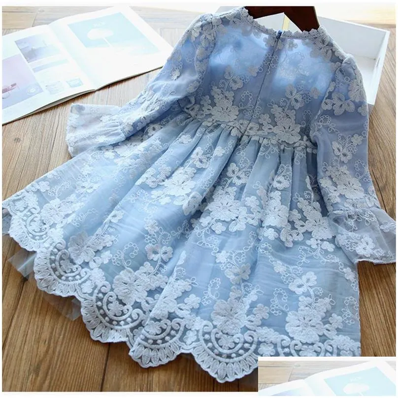 Girls lace embroidered dress 2020 new children lace Flare Sleeve princess dress kids flowers embroiderey party dress beige blue A1867