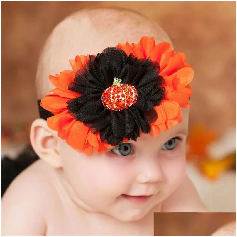 Baby Girls Halloween Headband Pumpkin Headbands Orange Chiffon Flower Head band Newborn Shower Gift Photo Prop