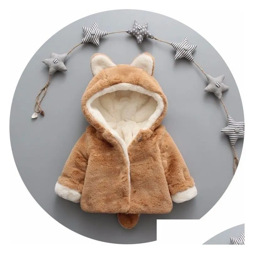 Children faux fur coat winter baby girls cute ear hooded coats kids fleece thicken outwear child cartoon outwears A0158