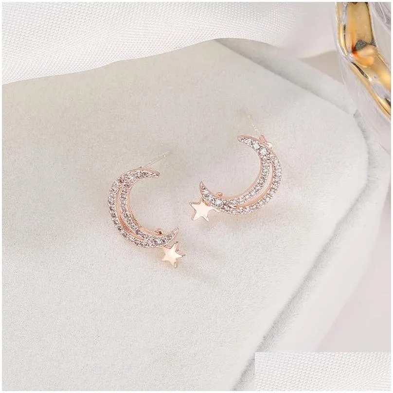 Stud Exquisite Crystal Moon Star Earrings For Women Elegant Lady Rose Gold Silver Color Fashion Party Jewelry GiftStudStud
