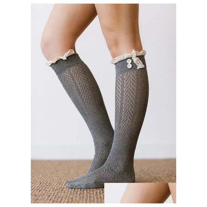 Crochet Lace Trim Cotton Knit Leg Warmers Buttons Knee High Boot Socks Hollow Boots Cuff Women Long Boot Toppers Gaiters Kids Socks