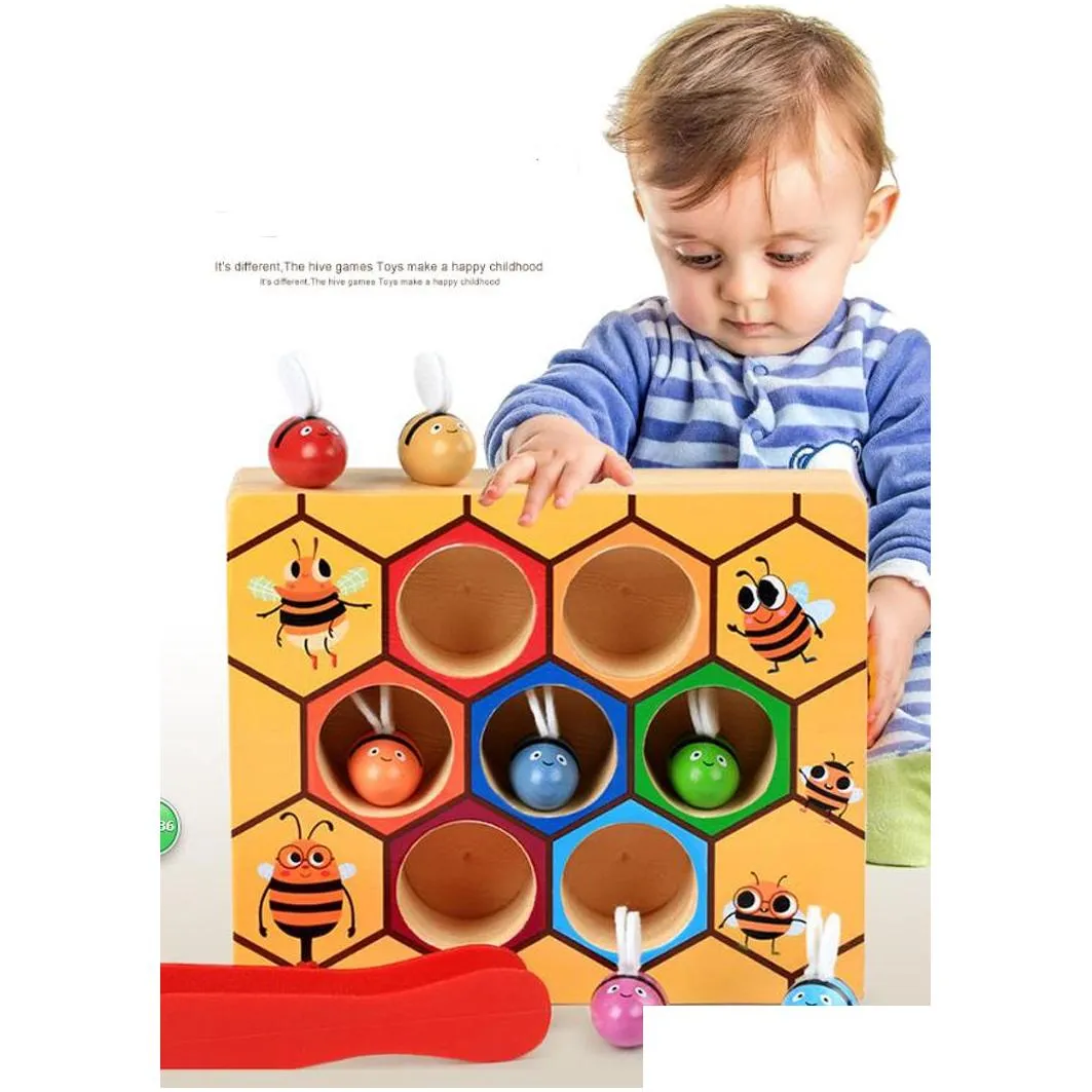 Montessori Hive Games Board 7Pcs Bees with Clamp Fun Picking Catching Toy Educational Beehive Baby Kids Developmental Toy Board