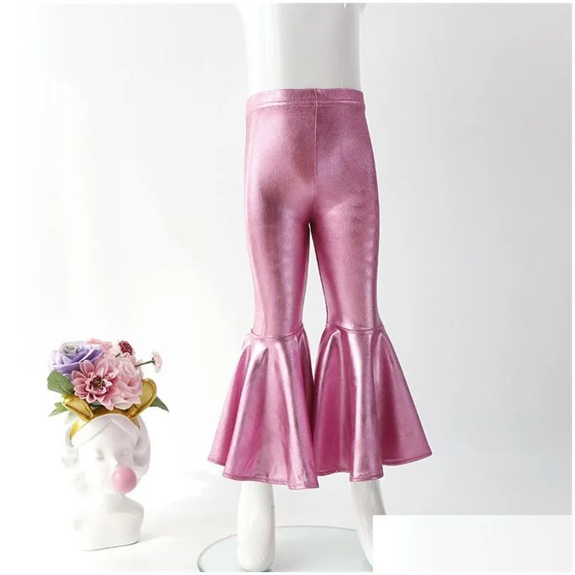 Mardi Gras Toddler Kids Shiny Leggings Baby Girl Leather Pants Fashion Ruffle Bell Bottoms Kids Birthday suits Cotton Trousers