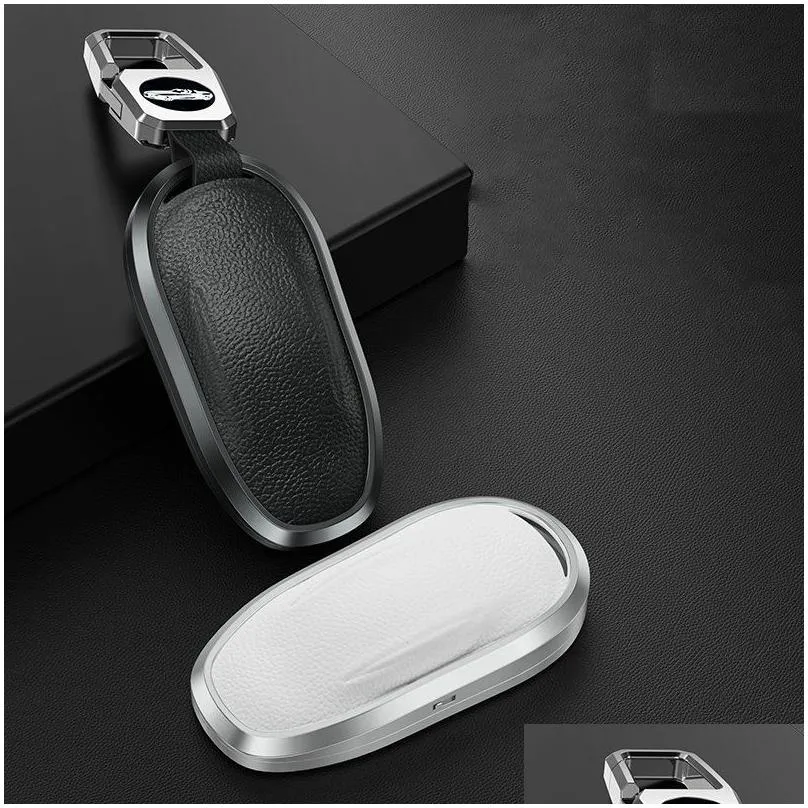 Auto Remote Key Case Aluminum Alloy Leather Cover Shell Fob For Tesla Model 3 S X Smart Key Protecto Covers With Keychain