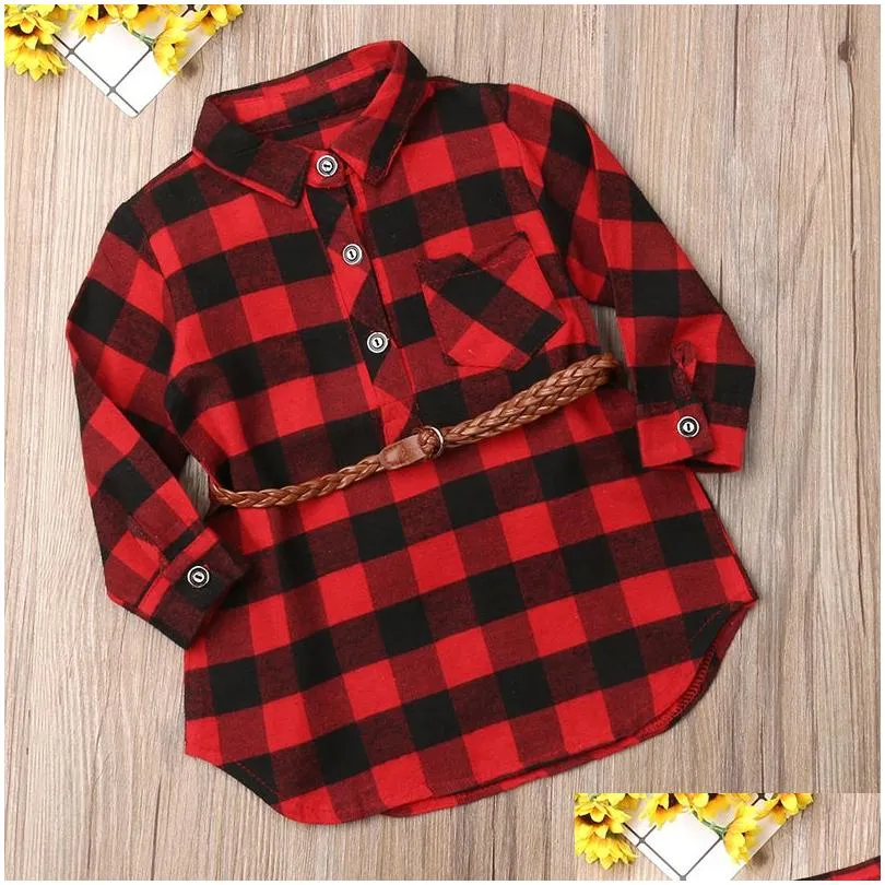 Baby Girl Red  Check Dress Newborn Toddler Baby Girls Princess Dress Red Plaid Shirt Dress with Belt Outfits Kids Dresses