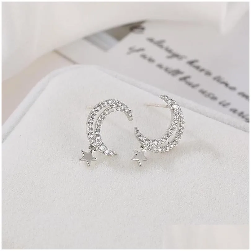 Stud Exquisite Crystal Moon Star Earrings For Women Elegant Lady Rose Gold Silver Color Fashion Party Jewelry GiftStudStud