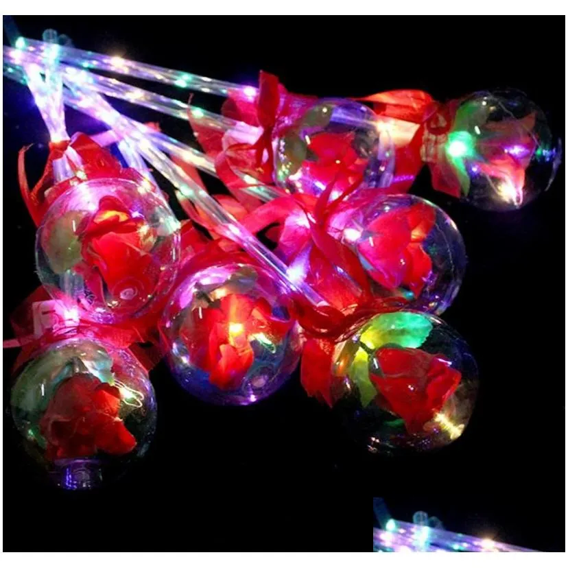 LED Party Favor Decoration Light Up Glowing Red Rose Flower Wands Clear Ball Stick For Wedding Valentine`s Day Atmosphere Decor