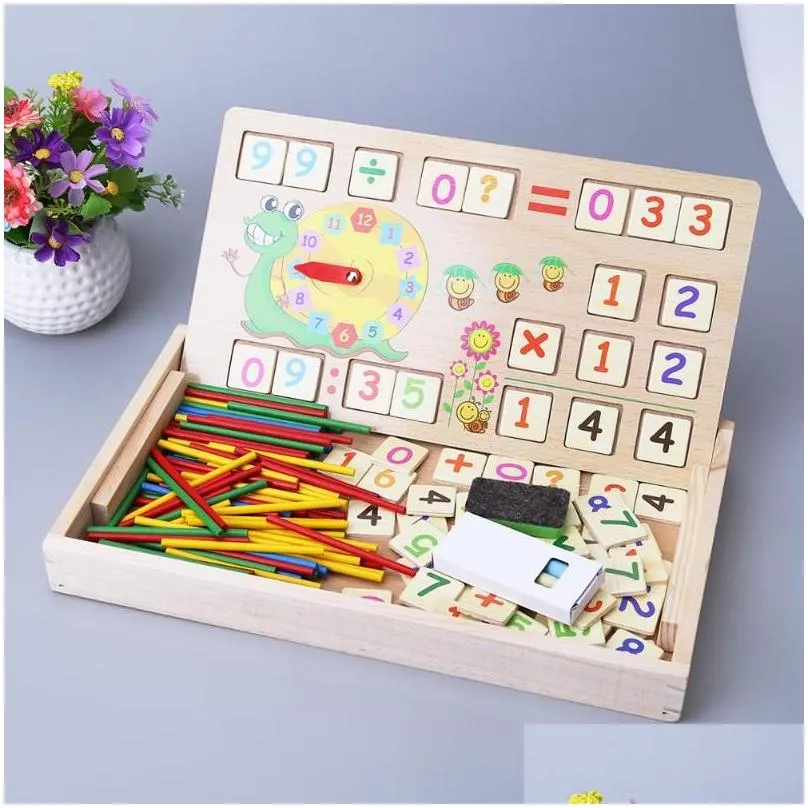 Wooden Math Toys Baby Educational Clock Cognition Math Toy with Blackboard Chalks Children Wooden Educative Toys