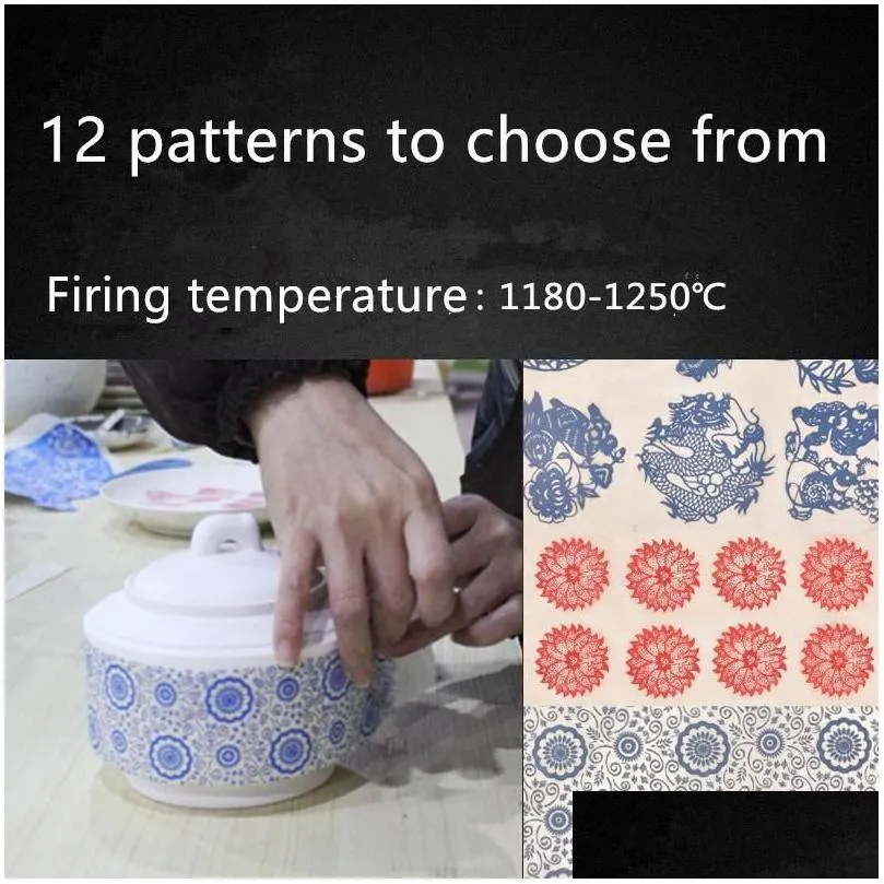 Craft Tools 12PCS/set Transfer Paper Ceramic Underglaze Colorful Flower Blue And White Sticker 54x37cm High Temperature Decals