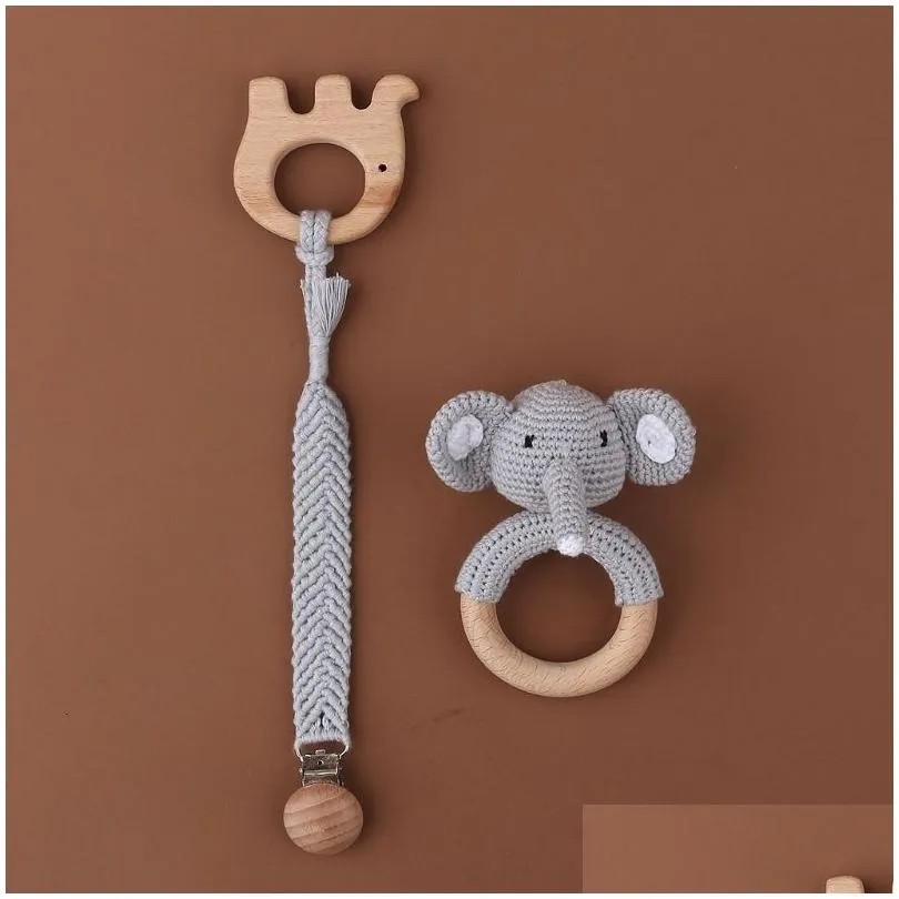 Baby Teethers Toys 1Set Crochet Bunny Baby Teether Rattle Safe Beech Wooden Teether Ring Pacifier Clip Chain Set born Mobile Gym Educational Toy