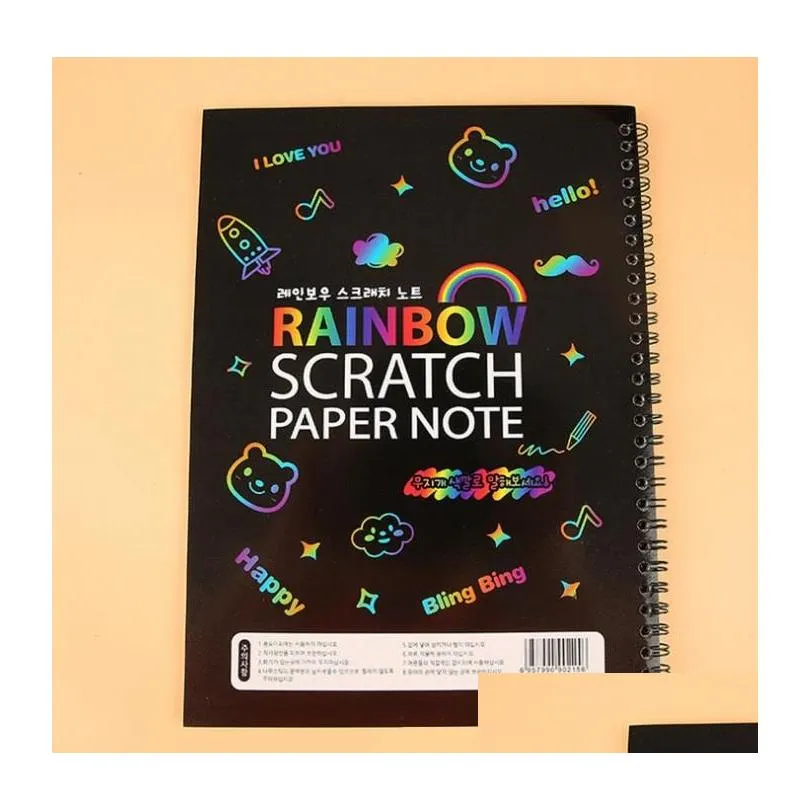 wholesale Magic Scratch Art Book Rainbow Scratch Paper Notebook with Wooden Stylus Kids Notes Boards Christmas Party Birthday Game Gift 10.3X7.5