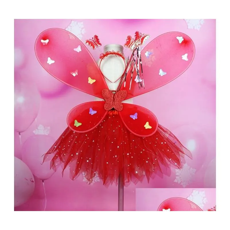 Girl LED Butterfly Wings Set with Glow Tutu Skirt Fairy Wand Headband Fairy Princess Light Up Party Carnival Costume gift 2-8T