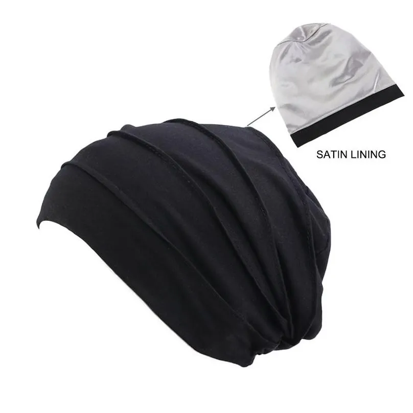 New Double Layer Satin Lined Chemo Cap Muslim Women Night Stretch Sleep Cotton Cancer Hair Loss Bonnet Hat Accessories